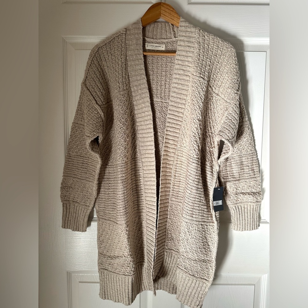 Lucky Brand Textured Chunky Knit Maxi Cardigan, Oatmeal, Size XS, New With Tags